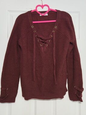 Lace-Up V-Neck Knit Sweater - Wine